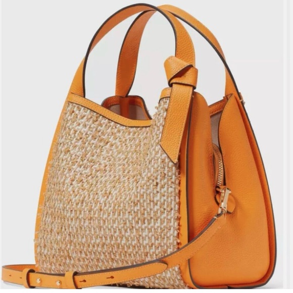 ♠️ kate spade NWT Knott Raffia Tweed Medium Crossbody Tote, Sunset Blaze orange - Picture 2 of 16